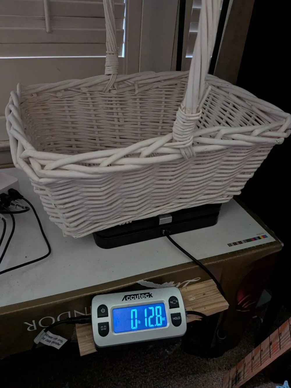 VTG Extra Large Whitewash Wicker Basket Fixed High Arch Handle Gathering Basket